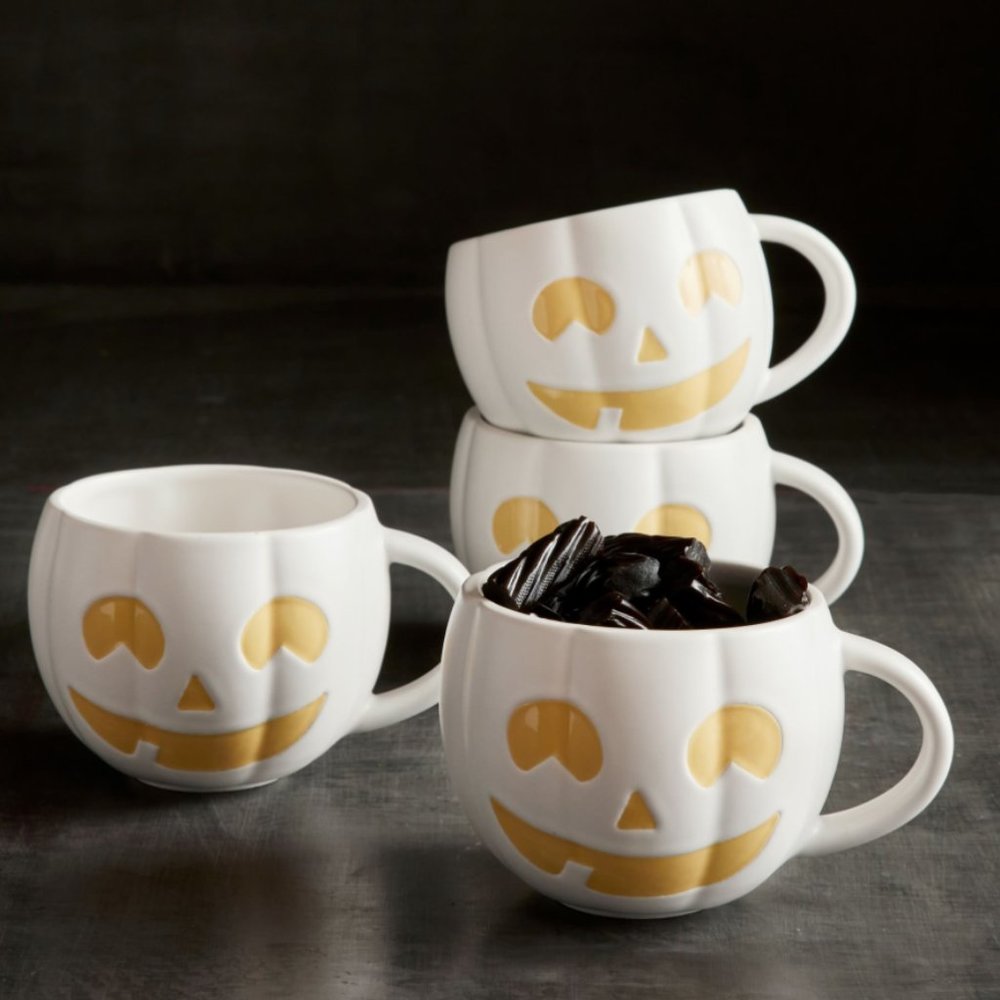 Pottery Barn Jack-O'-Lantern Stoneware Mugs White Set of 4
